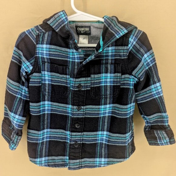 2T Boys Hooded Flannel Shirt/Jacket Long Sleeve Button Up 100% Cotton Blue Plaid - Picture 4 of 6